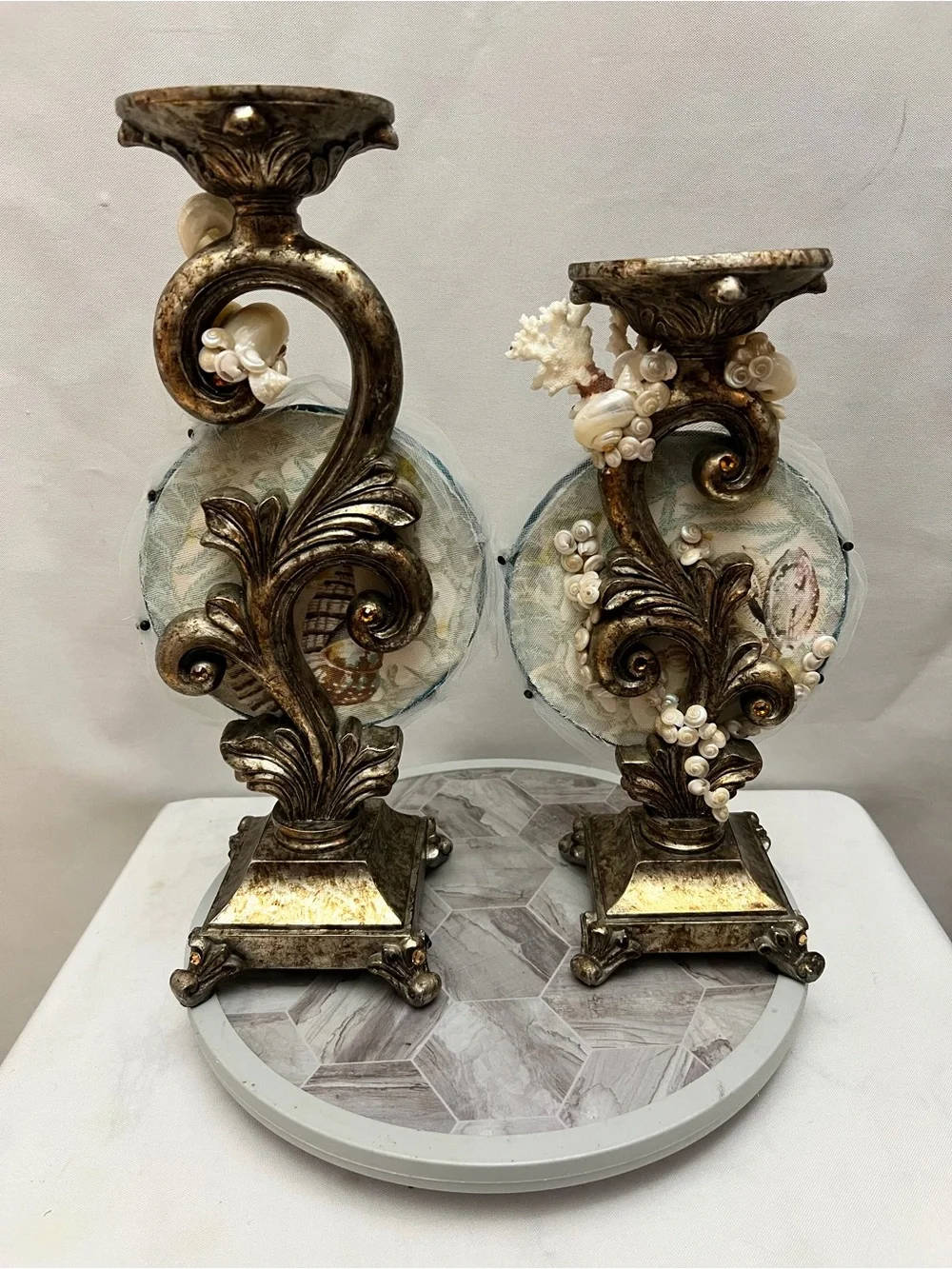 Set of 2 Coastal Dalmatian Dog Seashell Jeweled Candle Holders Sculptures